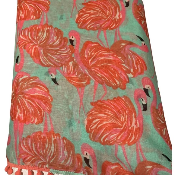MISSSHORTHAIR Scarf Wrap Dancing Pink Flamingo Mint background pom-pom fringe - Picture 2 of 7